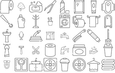 Mega Set Of Vector Bathroom Line Icons Icons Web Header Banner Design Containing Beauty,Cleaning,Wash,Hygiene,Wellness Set Vector Flat Line Icons