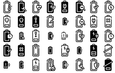 A Collection Of Battery Icons Collection Isolated Silhouette Solid Icons Including Lithium,Power,Energy,Electric,Charging Simple Black Style Symbol Sign For Apps And Website, Vector Illustration