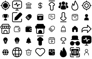 Set Of Basic User Interface Isolated Silhouette Solid Icons With Ui,Online-Shop,Shopping,File,Communication Outline Icons Collection. Simple Vector Illustration