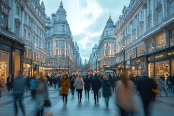 Naklejka premium Blurry Crowd Walking on a City Street at Dusk