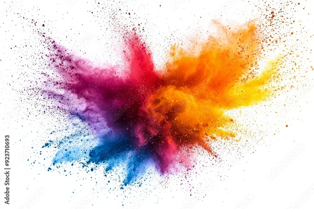 Poster the explosion of a multi-color powder on a white background. a white background with a dust splash c