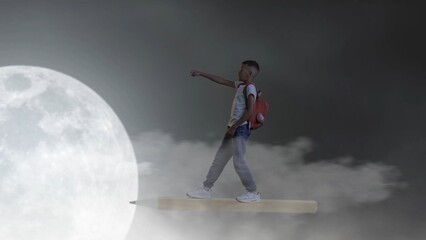 Naklejka premium Young boy hovering on a pencil against the background of the moon