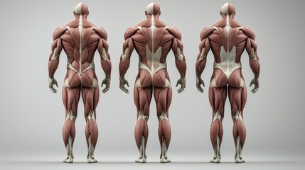 Detailed anatomical models showcasing human muscle structure from the back, ideal for educational and artistic reference.