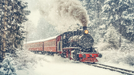 An old vintage train traveling through a snowy forest, creating a fairy-tale winter landscape. The scene is reminiscent of a retro-style postcard depicting a winter train ride.