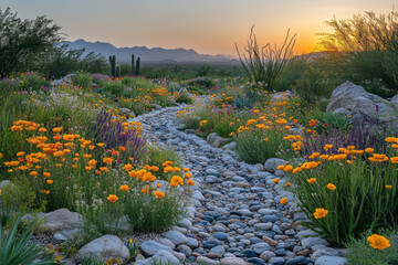 A blooming desert garden at twilight, with a variety of flowers glowing softly under the darkening sky,