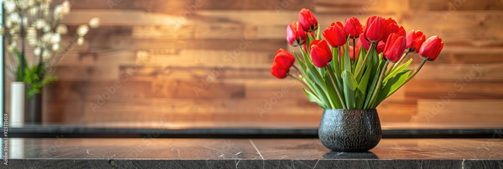 Poster Vibrant red tulips displayed on a granite table in a sophisticated reception area featuring a wooden panel backdrop, adding to the elegant atmosphere.