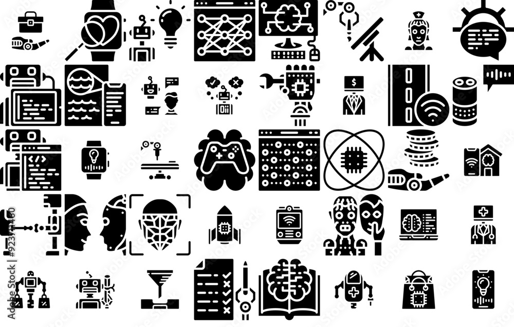 Poster a collection of artificial intelligence solid icons silhouette vector logo design containing machine