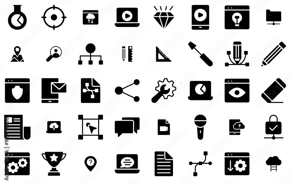 Poster set of linear art design development glyphs icons vector symbols apps, websites ui designs suitable 