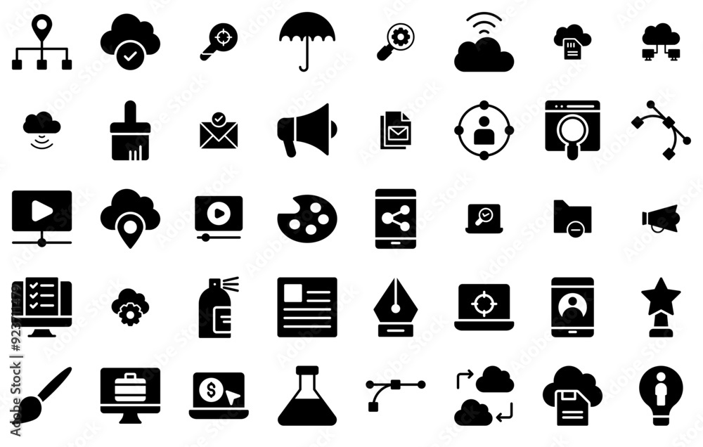 Poster set of linear art design development glyphs icons vector symbols apps, websites ui designs suitable 