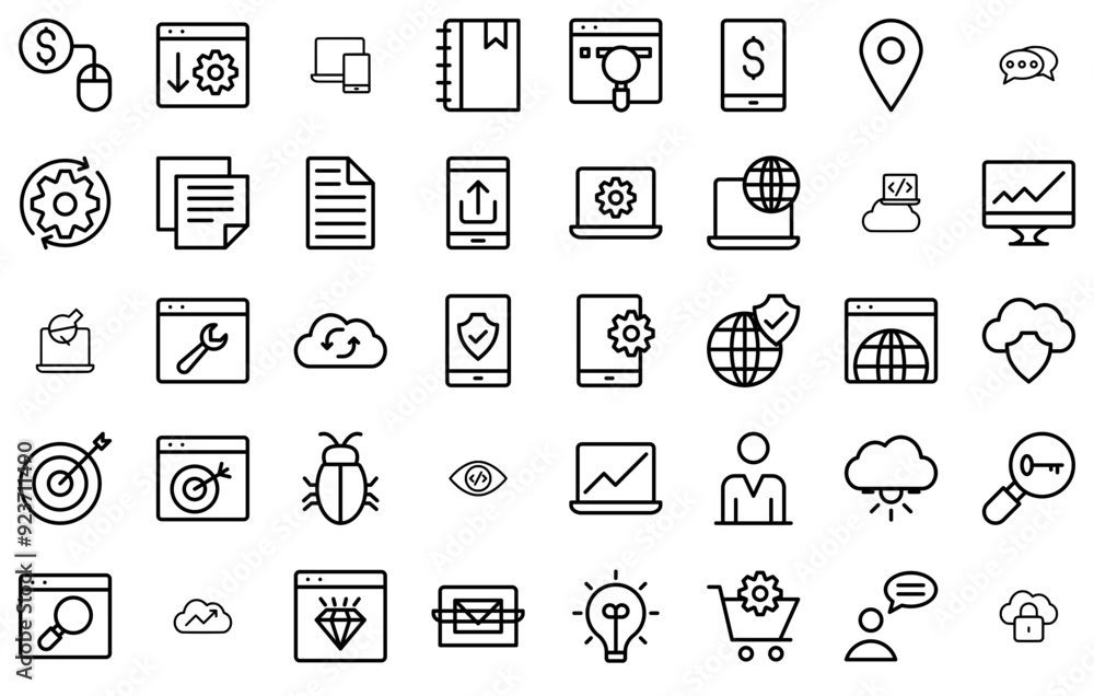 Poster a collection of art design development line icons vector symbols apps, websites ui designs suitable 