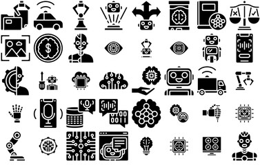 A Collection Of Artificial Intelligence Glyph Icons Silhouette Vector Logo Design Containing Computer,Brain,Robot,Smart,Robotics Vector Icon Set Linear Pictogram Pack
