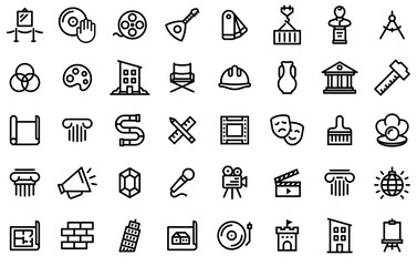 Set Of Art Icons Silhouette Vector Logo Design Containing Architect,Architecture,Building,Art,Movie Outline Icons Collection. Simple Vector Illustration