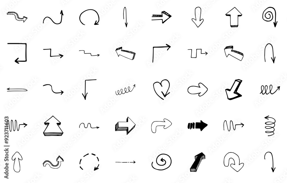 Poster mega set of vector arrows isolated silhouette solid icons with up,arrow,direction,sketch,doodle set 