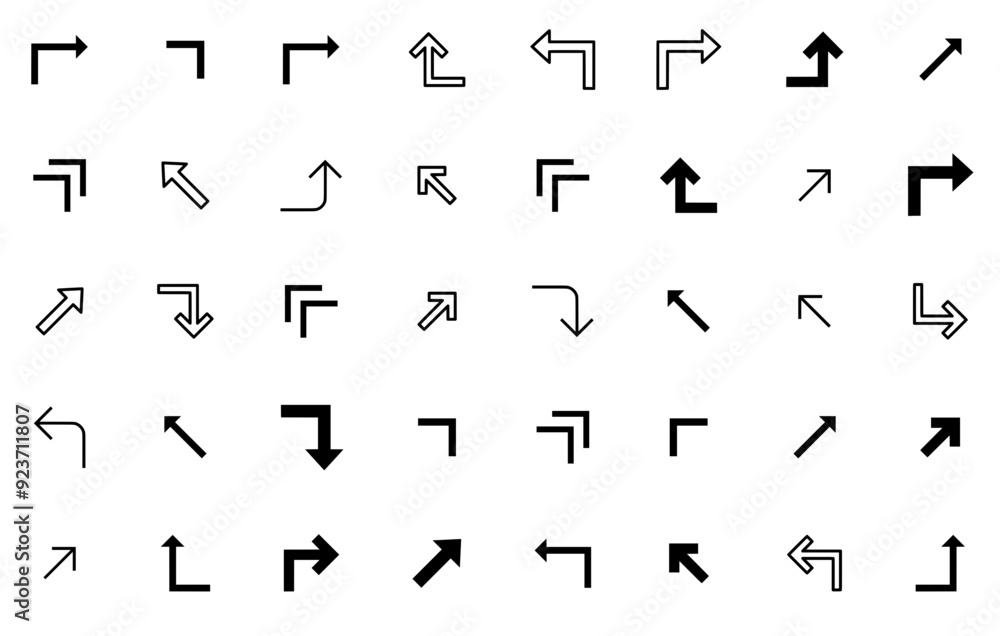 Poster set of linear arrows and direction vector symbols apps, websites ui designs suitable for upper-right
