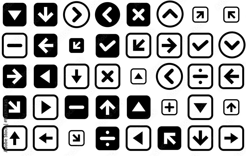Poster a collection of arrow isolated silhouette solid icons with down,direction,up,left,arrow set vector f