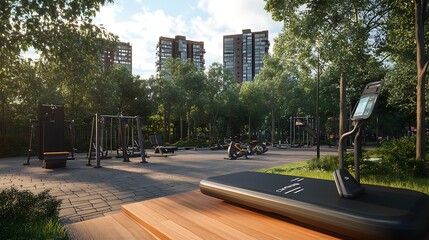 High-tech urban fitness park with augmented reality training programs and AI health monitoring 