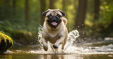 A joyful Pug dog running through a shallow stream in a forest, tongue out and eyes bright. Perfect for pet websites, dog training blogs, or advertising campaigns promoting an active lifestyle for pets