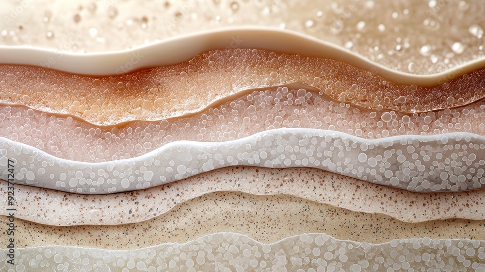 Poster a close-up of textured layers showcasing soft tones and bubbles, perfect for design projects and aes