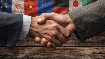 A close-up of two diverse hands shaking, symbolizing international cooperation against a backdrop of flags.