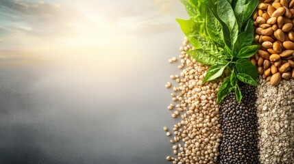 Fototapeta premium A vibrant assortment of seeds and herbs showcasing nature's bounty against a serene, sunlit backdrop.