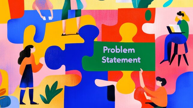 Illustrated figures engage with colorful puzzle pieces, highlighting a central "Problem Statement" text in white, emphasizing collaboration and teamwork for problem-solving.