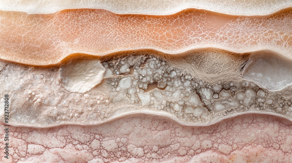 Poster close-up of layered textures with soft colors, showcasing natural patterns in organic materials. ide