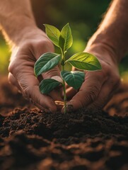 A Close-Up of Hands Gently Planting a Young Tree Sapling in Soil, Featuring Rich Earthy Tones 