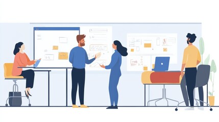 Obraz premium A team of four people collaborates in an office setting, using whiteboards and computers for a project discussion and brainstorming session.