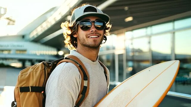 Enthusiastic young traveler with a surfboard and backpack, smiling brightly at the airport, embodying the thrill of travel and the promise of new experiences