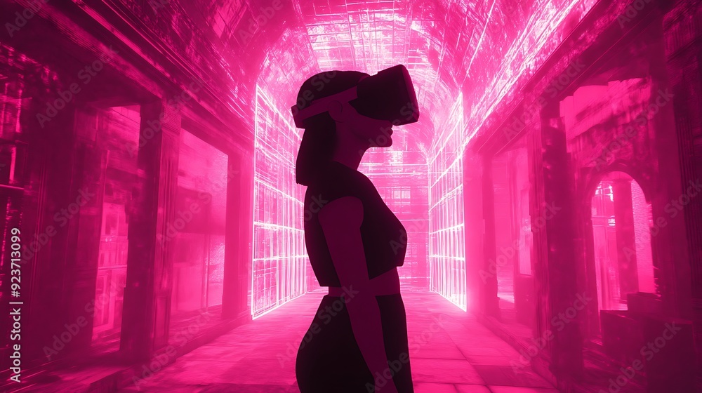 Poster high-tech virtual art gallery with ai-generated exhibits and interactive displays