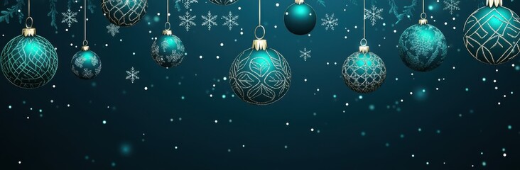 A dark teal background with hanging Christmas balls and snowflakes, creating an elegant festive design for a web banner or presentation cover.