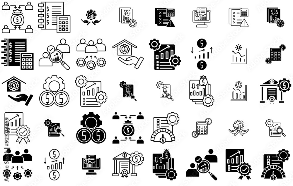 Poster set of linear accounting vector symbols apps, websites ui designs suitable for management,developmen