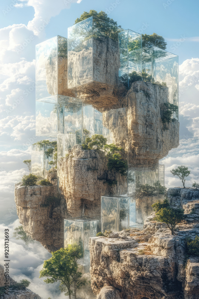 Poster a surreal dreamscape where reality is divided into floating, transparent cubes, each containing a pi