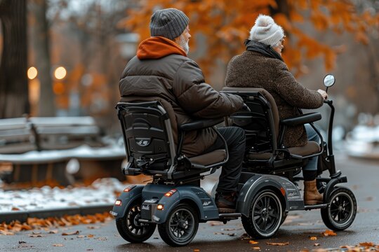 Elderly Couple Riding a Mobility Scooter in an Autumn Park