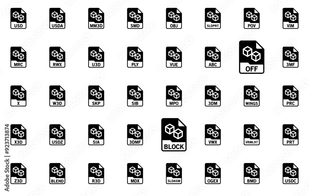 Poster set of linear d graphics file format isolated silhouette solid icons with brres,document,cal3d,forma