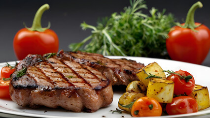 A plate of meat and vegetables with a tomato on the side. The plate is set on a table