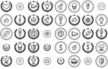 A Collection Of Achievements Badges Icons Web Header Banner Design Containing Wreath,Gear,Award,Achievement,Badge Stroke Icon Collection. Vector Illustration