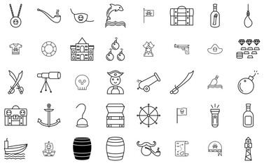Set Of Linear Pirate Vector Symbols Apps, Websites Ui Designs Suitable For Treasure,Security,Pirate,Bottle,Ship Pictograms And Infographics Design Elements Vector Illustration