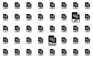 Set Of Linear D Graphics File Format Isolated Silhouette Solid Icons With Brres,Document,Cal3D,Format,File Business Infographic Elements Logo Vector Illustration