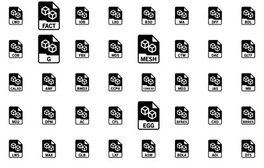 Mega Set Of Vector D Graphics File Format Isolated Silhouette Solid Icons With File,Brres,Cal3D,Document,Format Business Infographic Elements Logo Vector Illustration