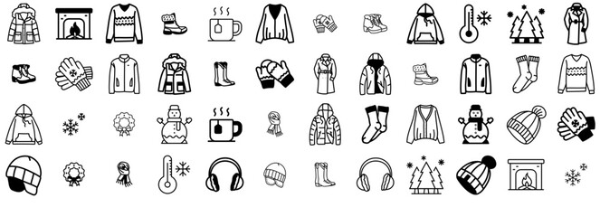 Set Of Linear Winter Vector Symbols Apps, Websites Ui Designs Suitable For Fashion,Christmas,Clothes,Winter,Cold Solid Icon Collection. Vector Illustration