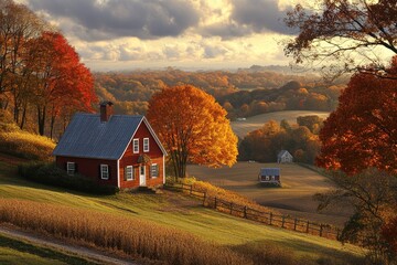 Red Farmhouse on a Hillside in Autumn with Fog and Golden Light