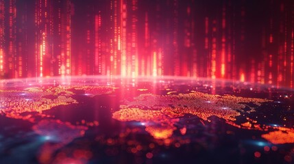 Vibrant abstract representation of financial markets with glowing data points, depicting a global network and digital information flow in red and orange hues, against a dark background.