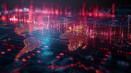 Obraz premium Vibrant abstract representation of financial markets with glowing data points, depicting a global network and digital information flow in red and orange hues, against a dark background.