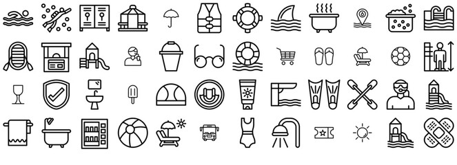 Mega Set Of Vector Water Park Isolated Silhouette Solid Icons With Swimming,Bathroom,Water,Summer,Bath Infographic Simple Vector Illustration Logo