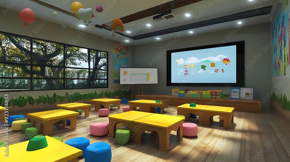 Poster high-tech virtual classroom with interactive lessons and ai-enhanced learning tools
