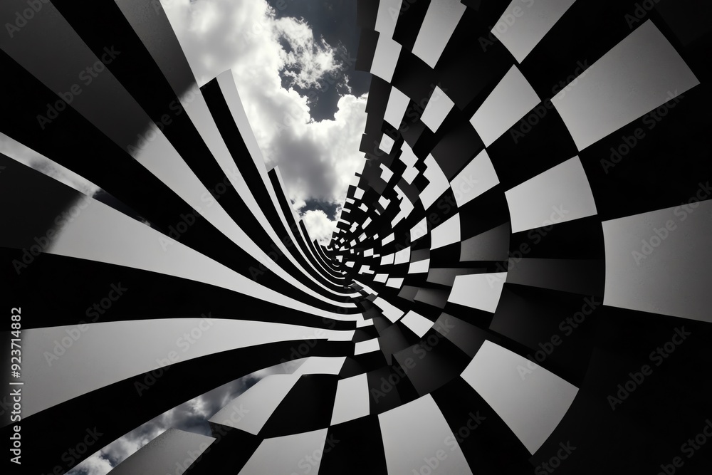 Poster abstract black and white pattern spiraling into the sky, creating a mesmerizing tunnel effect with c