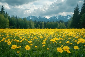 Field of Yellow Flowers with Mountain Range in the Background