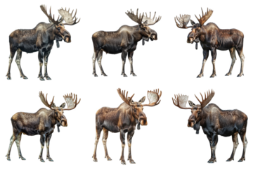 Six Moose with Large Antlers Standing on a White Background