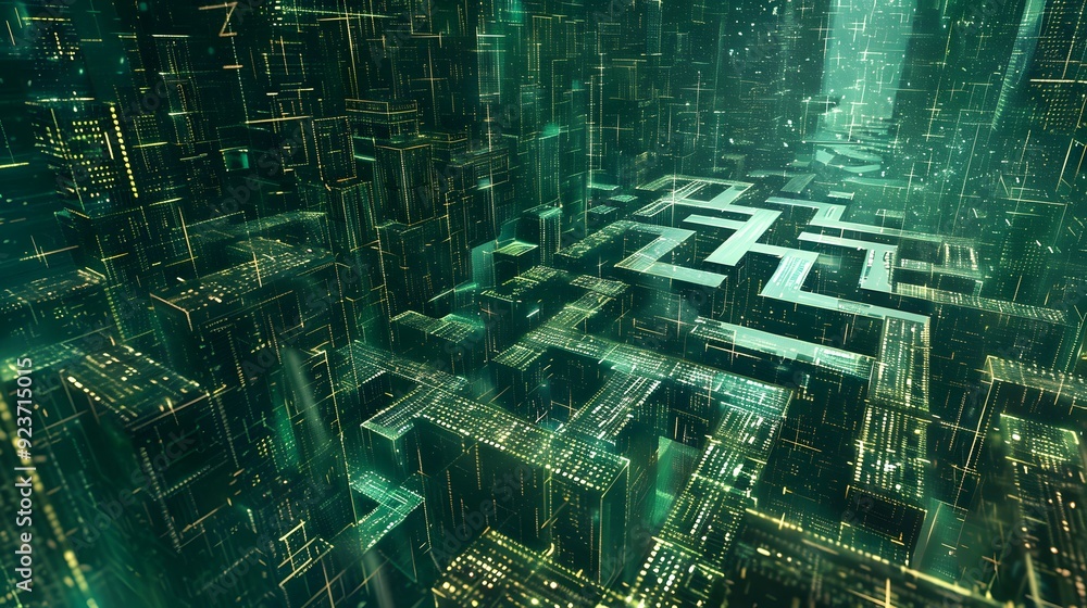 Poster a labyrinthine structure representing the complex world of cryptanalysis, with mathematical formulas